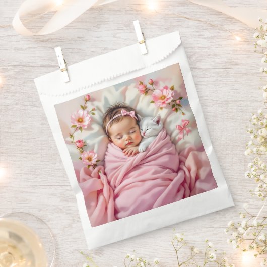 Roze Bloemen Baby Meisje en Witte Kitten Bedankzakje (Geknipt)