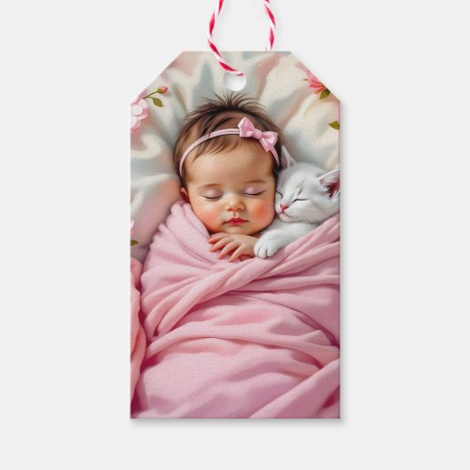 Roze Bloemen Baby Meisje en Witte Kitten Cadeaulabel (Voorkant)
