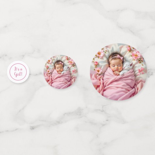 Roze Bloemen Baby Meisje en Witte Kitten Confetti (Voorkanten)