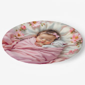 Roze Bloemen Baby Meisje en Witte Kitten Papieren Bordje (Gekanteld)
