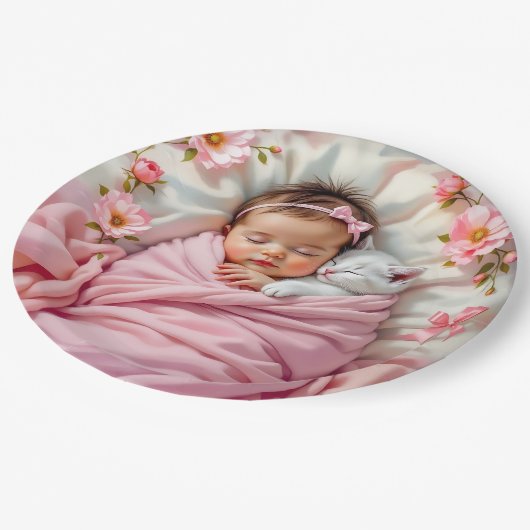 Roze Bloemen Baby Meisje en Witte Kitten Papieren Bordje (Gekanteld)