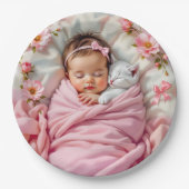 Roze Bloemen Baby Meisje en Witte Kitten Papieren Bordje (Voorkant)