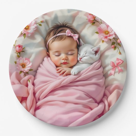 Roze Bloemen Baby Meisje en Witte Kitten Papieren Bordje (Voorkant)