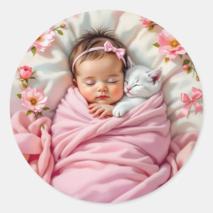 Roze Bloemen Baby Meisje en Witte Kitten Ronde Sticker