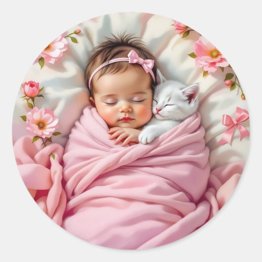 Roze Bloemen Baby Meisje en Witte Kitten Ronde Sticker (Voorkant)
