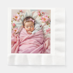 Roze Bloemen Baby Meisje en Witte Kitten Servet