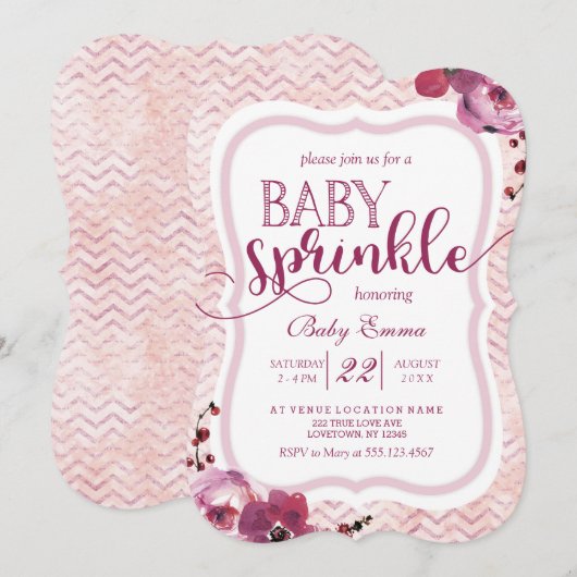 Roze Bloemen Baby Meisje Sprinkle Douche Uitnodigi Kaart (Voorkant / Achterkant)