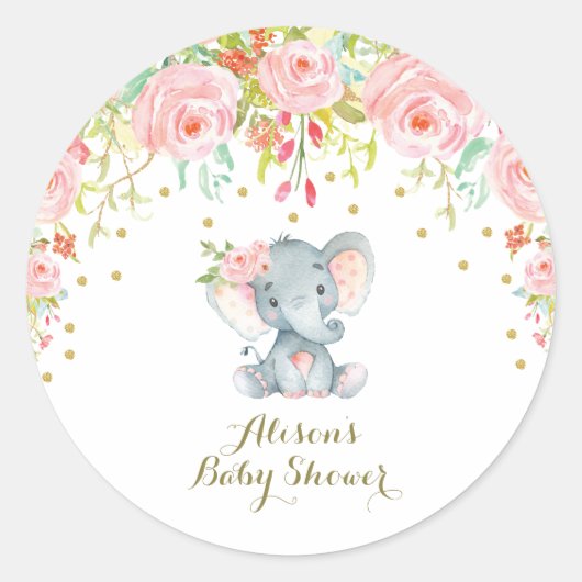 Roze Bloemen Baby Olifant Dank u Sticker gunsten (Voorkant)