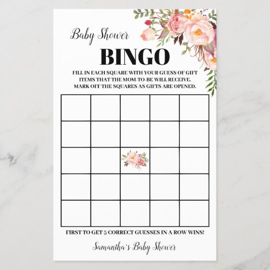 Roze bloemen Baby shower Bingo Game Kaart (Voorkant)