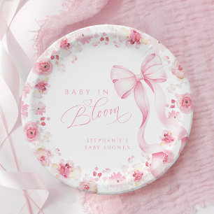 Roze bloemen baby shower borden met strik papieren bordje