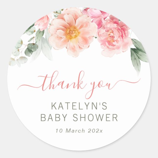 Roze Bloemen baby shower Classic Ronde sticker (Voorkant)