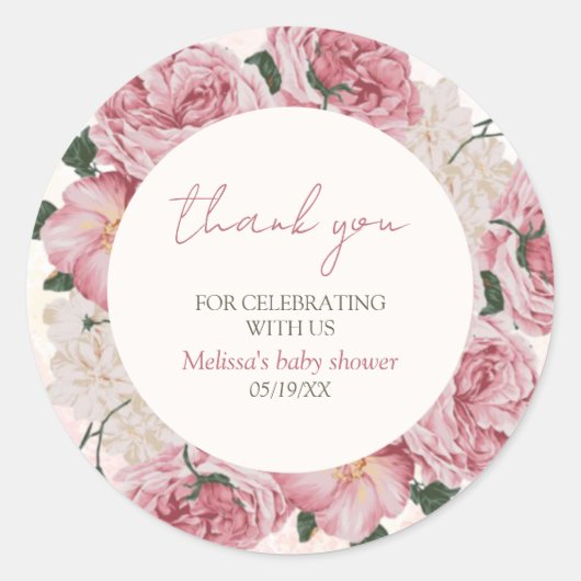 Roze Bloemen Baby shower Dank u Sticker (Voorkant)