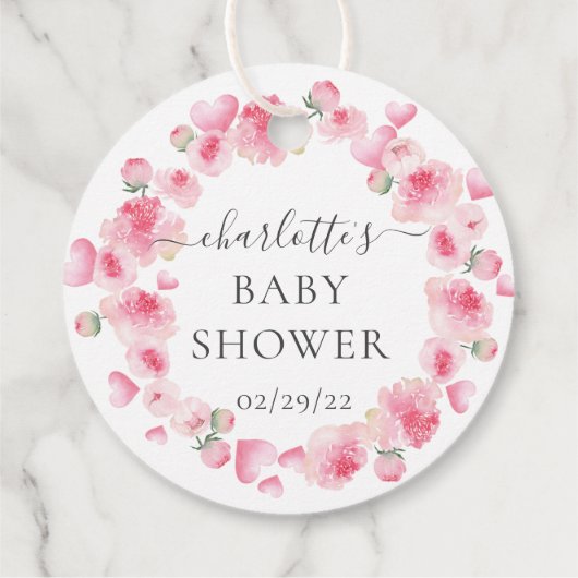 Roze bloemen baby shower favor cadeautag bedankjes labels (Achterkant)