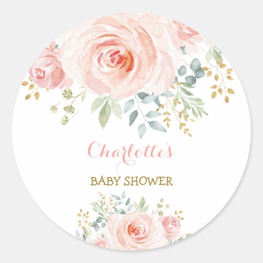 Roze bloemen baby shower favor ronde sticker (Voorkant)