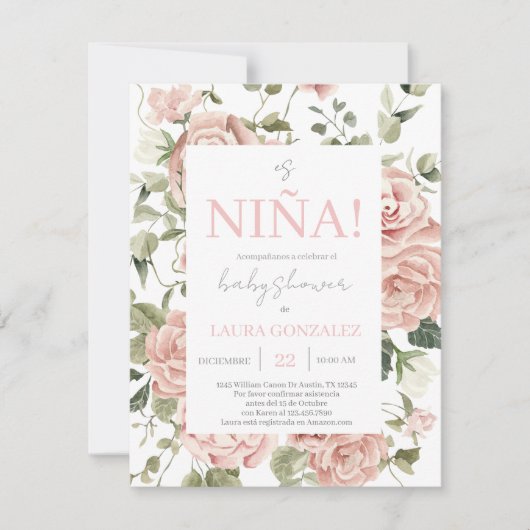 Roze Bloemen Baby shower Meisje Spaans Kaart (Voorkant)
