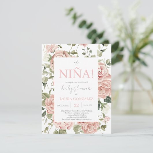Roze Bloemen Baby shower Meisje Spaans Kaart (Staand voorkant)