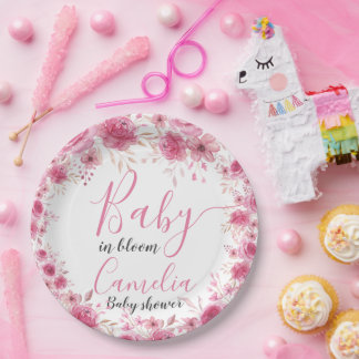 Roze bloemen baby shower papieren bord