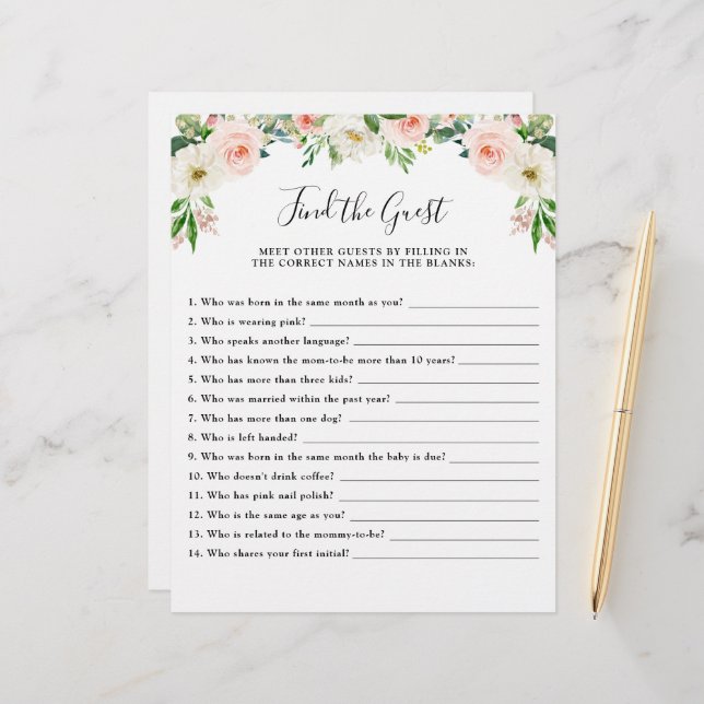Roze Bloemen Baby shower Spel Vind de Gast (Voorkant / Achterkant in situ)