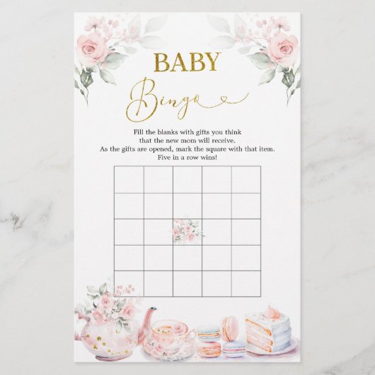 Roze Bloemen Baby shower Tea Party Baby Bingogame (Voorkant)
