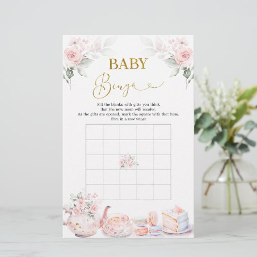 Roze Bloemen Baby shower Tea Party Baby Bingogame (Staand voorkant)