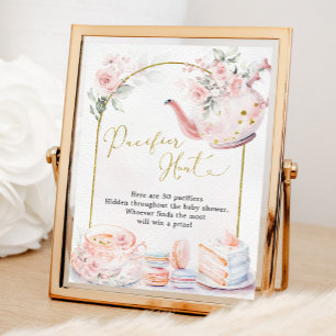 Roze Bloemen Baby shower Tea Party Fopspeen Hunt Poster