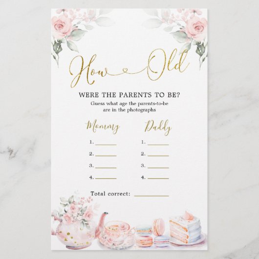 Roze Bloemen Baby shower Tea Party Hoe oud Ouders (Voorkant)