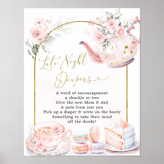 Roze Bloemen Baby shower Thee Late Night Luier Poster (Voorkant)