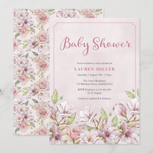 Roze Bloemen Baby shower uitnodiging (Voorkant / Achterkant)
