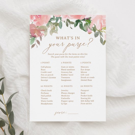 Roze Bloemen Baby shower Wat zit er in je tas spel Kaart
