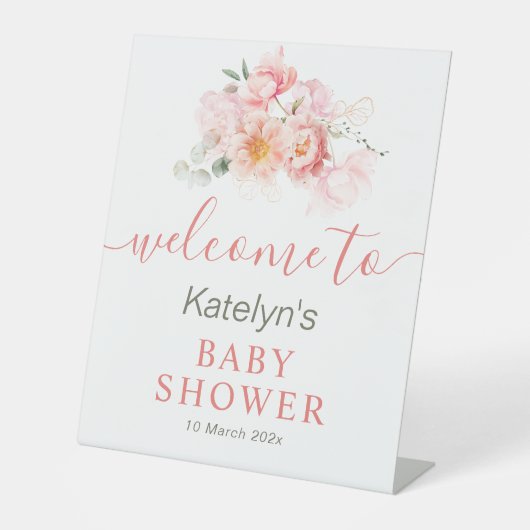 Roze Bloemen baby shower Welkomstbord Reclamebord Met Voetstuk (Voorkant)