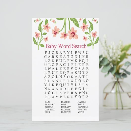 Roze bloemen Baby shower Word Search Game (Staand voorkant)