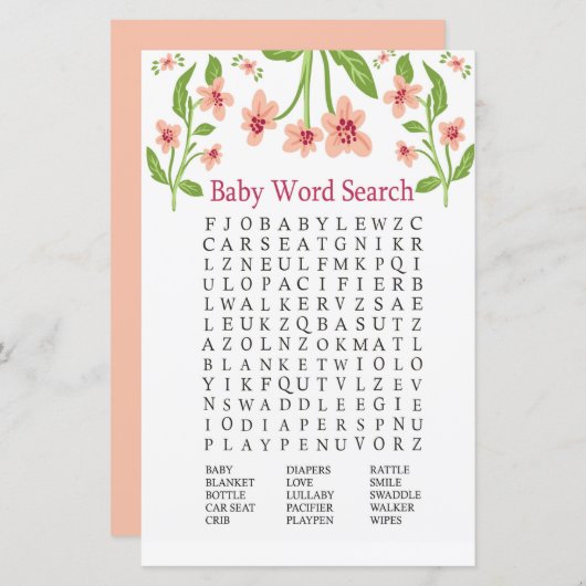 Roze bloemen Baby shower Word Search Game (Voorkant / Achterkant)