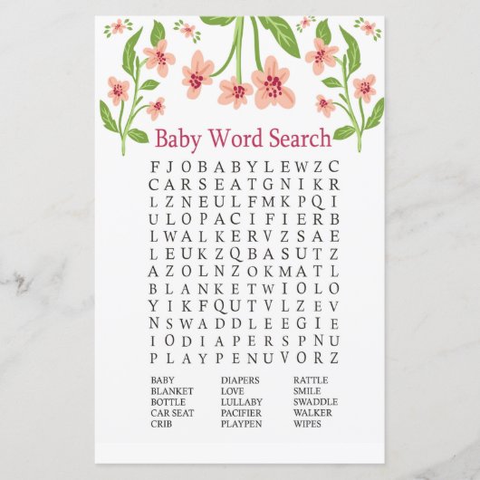 Roze bloemen Baby shower Word Search Game (Voorkant)