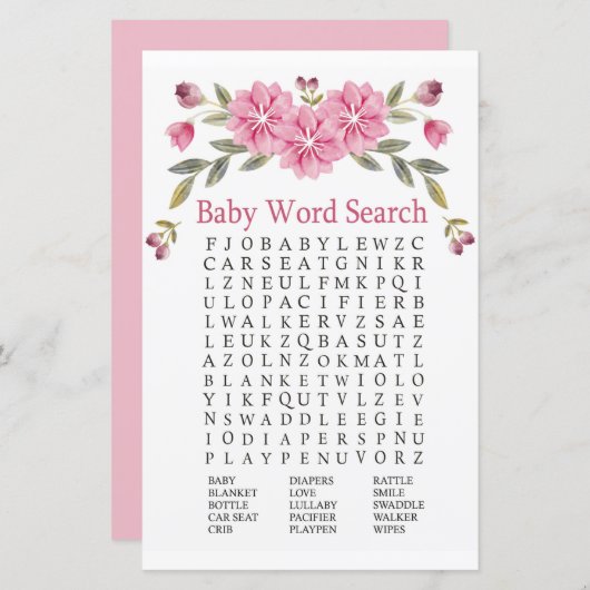 Roze bloemen Baby shower Word Search Game (Voorkant / Achterkant)
