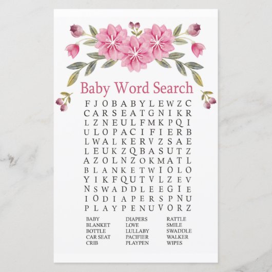 Roze bloemen Baby shower Word Search Game (Voorkant)