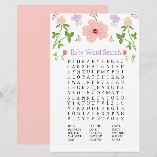 Roze bloemen Baby shower Word Search Game (Voorkant / Achterkant)
