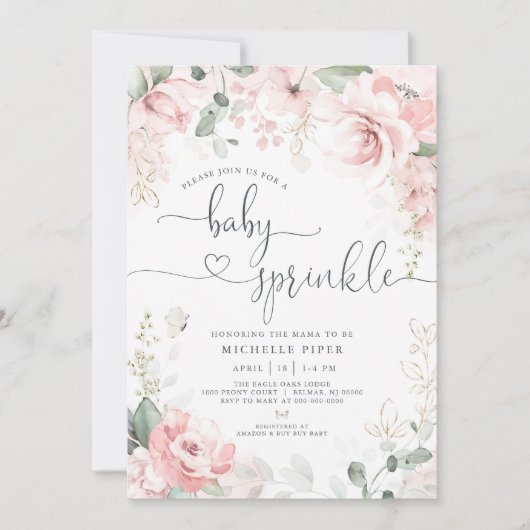 Roze Bloemen Baby Sprinkle, Waterverf pioenroos Ba Kaart (Voorkant)