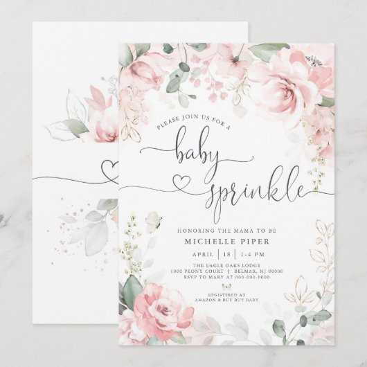 Roze Bloemen Baby Sprinkle, Waterverf pioenroos Ba Kaart (Voorkant / Achterkant)