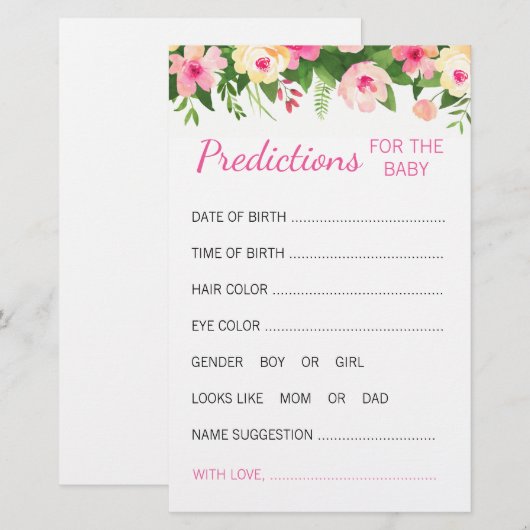 Roze Bloemen Baby Voorspelling Kaart Baby shower s (Voorkant / Achterkant)