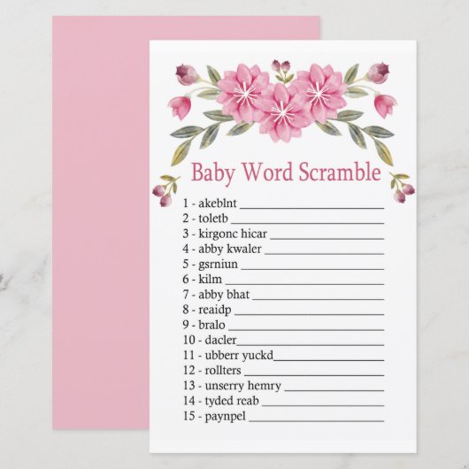 Roze bloemen Baby word scramble game (Voorkant / Achterkant)