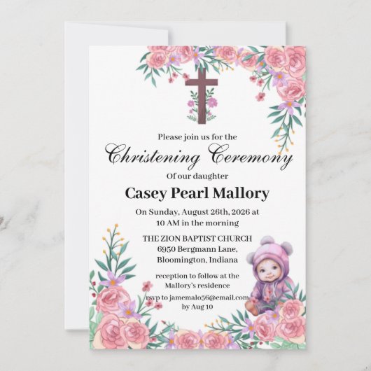 Roze Bloemen Babymeisje doop/doop Kaart (Voorkant)