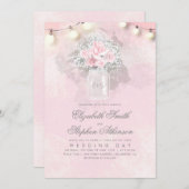 Roze Bloemen Baby's Breath Mason Jar Rustiek Huwel Kaart (Voorkant / Achterkant)