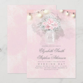 Roze Bloemen Baby's Breath Mason Jar Rustiek Huwel Kaart