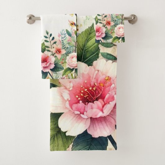 Roze Bloemen Badkamer Handdoek Set (Insitu)