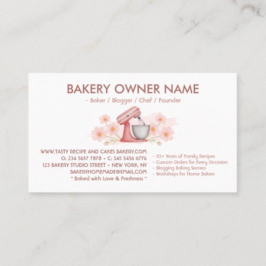 Roze Bloemen Bakken & Koken Utensil Bakkerij Visitekaartje (Achterkant)