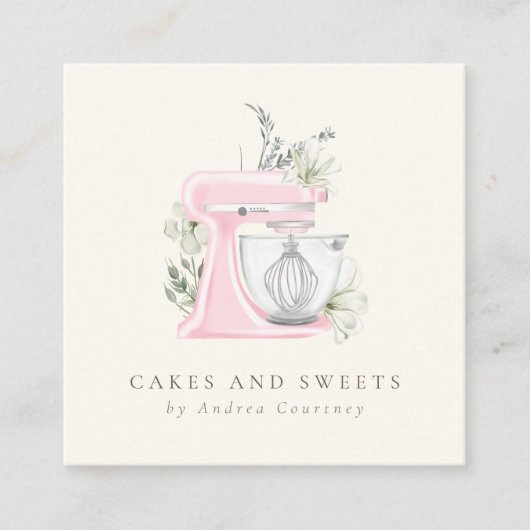 Roze Bloemen Bakkerij Pastry Waterverf Mixer Cake Vierkante Visitekaartje (Voorkant)
