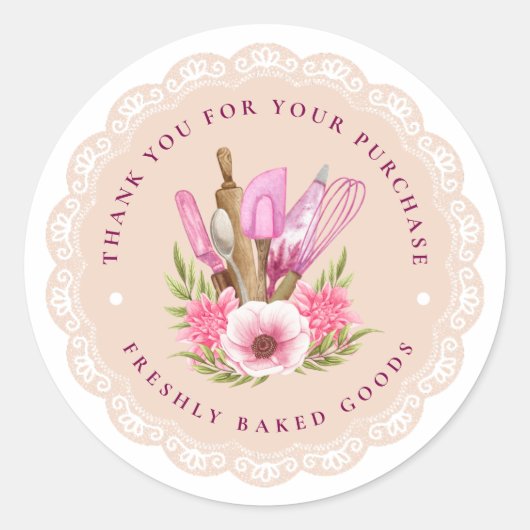 Roze Bloemen Bakkerij Sticker (Voorkant)