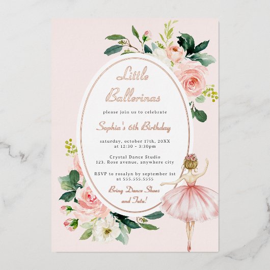 Roze Bloemen Ballerina Kids Verjaardag Folie Uitnodiging (Voorkant)