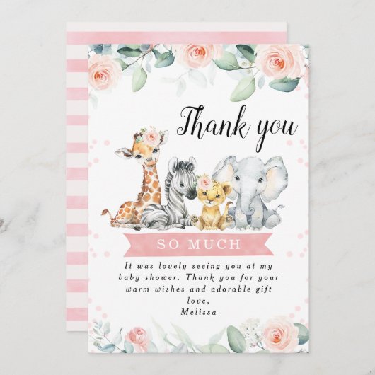 Roze Bloemen Banner Safari Baby's Dank u kaart (Voorkant / Achterkant)