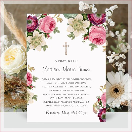 Roze bloemen Baptisme Prayer Fotoplaat